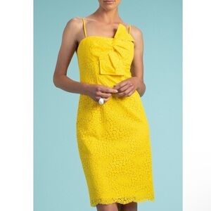 Trina Turk Bright Lace Crochet Mesh Yellow Twist Bow Bust Tank Cami Midi Dress